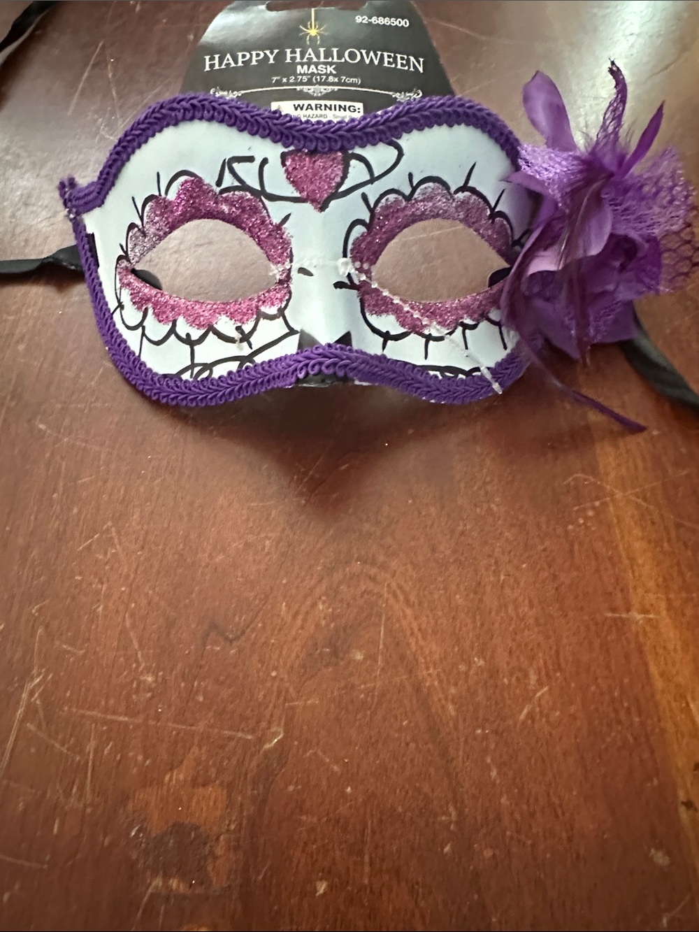Purple Sugar Skull Party Mask with Feather Accent